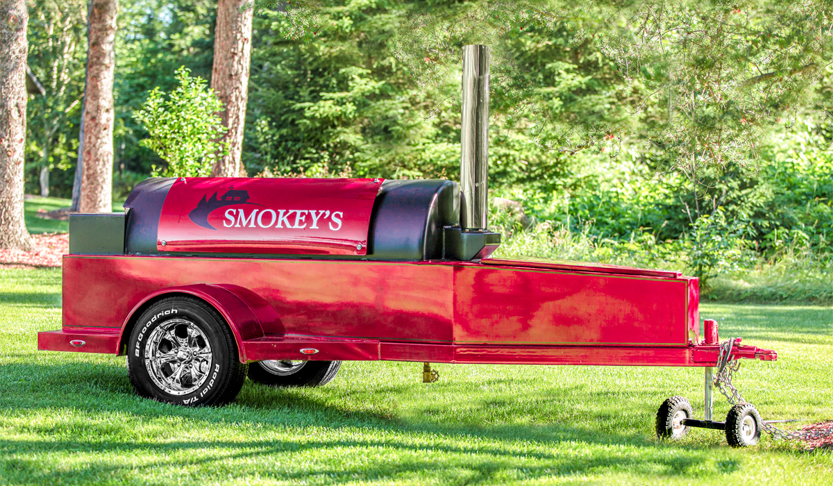 Smokey's iconic Jambo Pits smoker was custom-made in Texas.